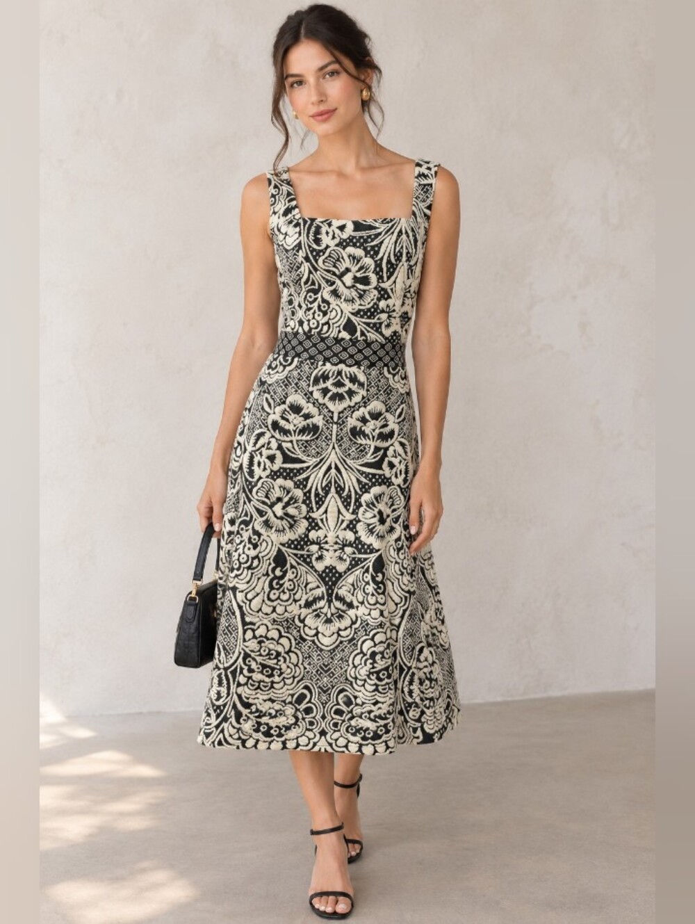 Anthropologie Black and Cream Damask Square-Neck Midi Dress